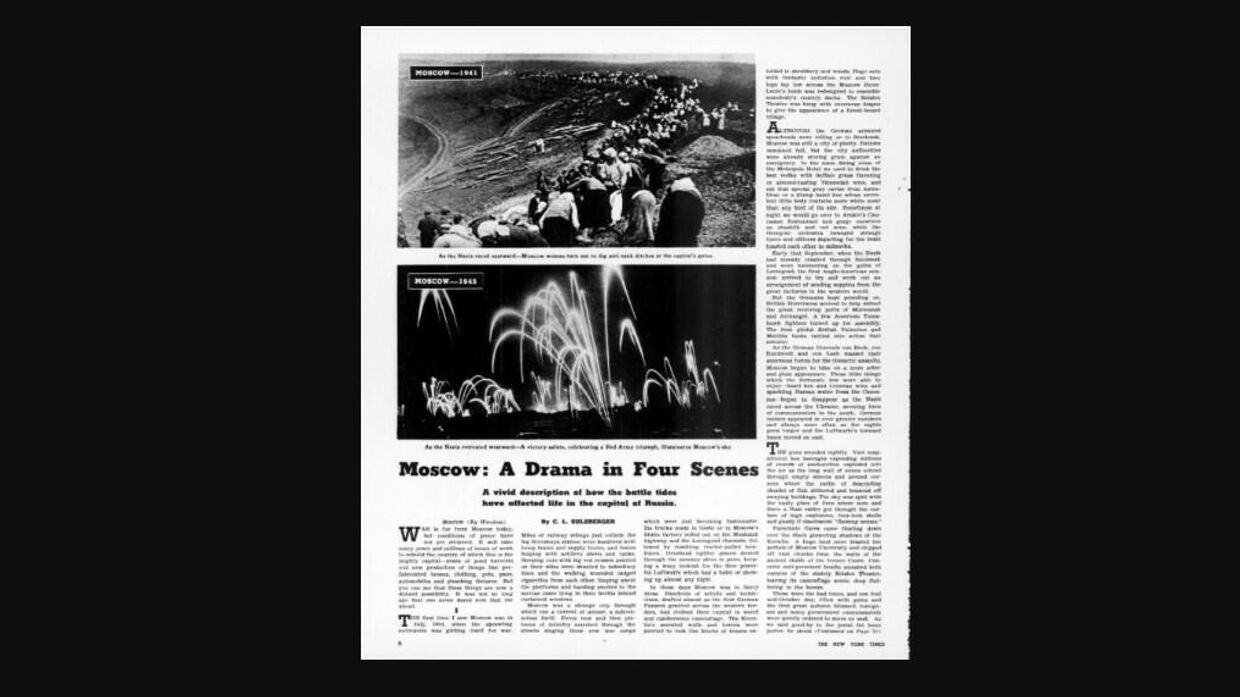 Страница газеты Нью-Йорк таймс с началом статьи Москва: драма в четырех действиях